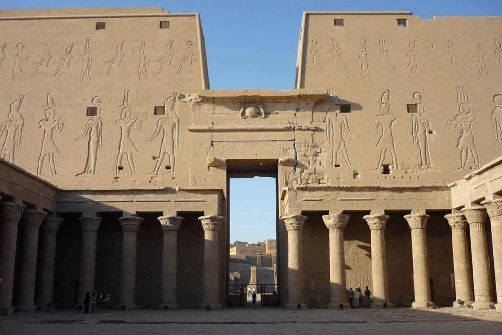 Close‑up of hieroglyphic carvings on Edfu Temple walls.
