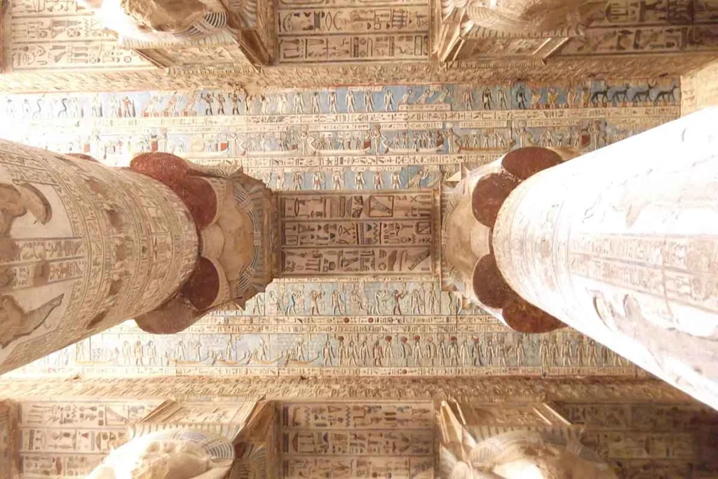 Detailed view of the astronomical ceiling at the Temple of Hathor, Dendera.