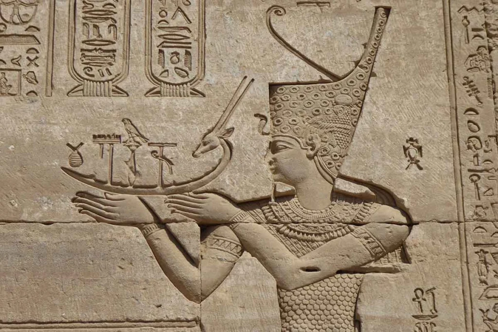 Relief of Emperor Trajan offering to Hathor at Dendera Temple.