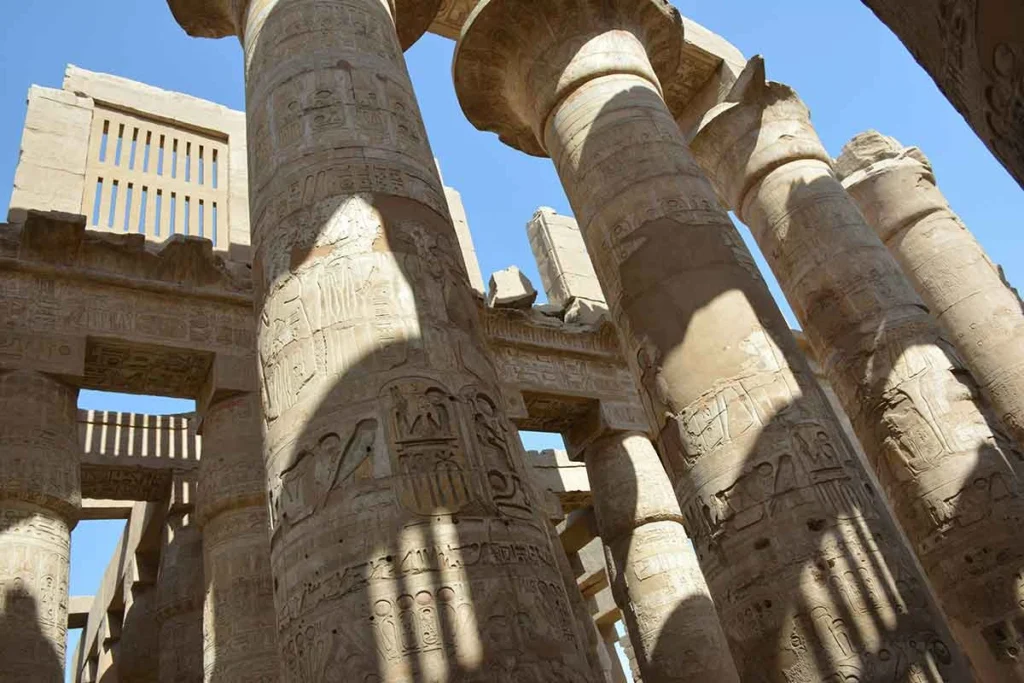 Close‑up of ancient Egyptian columns at Karnak Temple.